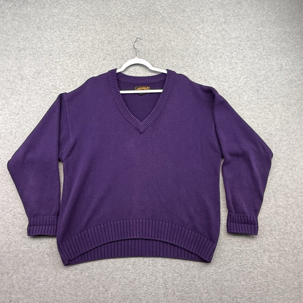 Eddie Bauer Mens L Vintage Purple Chunky V-Neck Preppy 100% Cotton Open Knit 90s